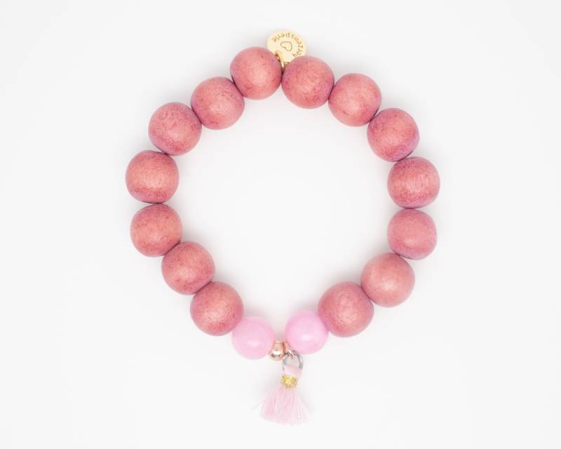 Mala Perlenarmband Rouge Mit Holzperlen, Edelsteinperlen Aus Jade Und Quaste Sterlingsilberperle Vergoldet, Statement Schmuck von herzensperle