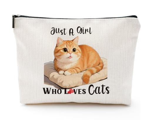 heshengzaixian Kosmetiktasche mit Katzenmotiv "Just A Girl Who Loves", niedliche Kätzchen-Make-up-Tasche, Geschenk für Katzenliebhaber, wasserdicht, Reißverschluss, Leinen, Kulturbeutel, Reiseetui von heshengzaixian