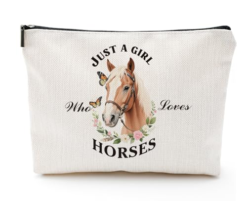 heshengzaixian Kosmetiktasche mit Pferdeblumen, Motiv: "Just a Girl Who Loves Horses", Geschenk für Mädchen, Frauen, Tierliebhaber, wasserdichter Reißverschluss, Leinen, Kulturbeutel, Reiseetui von heshengzaixian