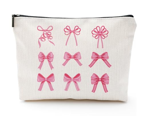 heshengzaixian Kosmetiktasche mit rosa Schleife, adrette Kosmetiktasche, Geschenke für Mädchen, Schwestern, wasserdichter Reißverschluss, Leinen, Kulturbeutel, Reiseetui, Zubehörtasche von heshengzaixian