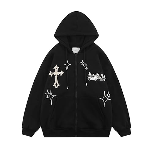 Gothic Stickerei Hoodies Frauen Retro Harajuku Hip Hop Jacke Zip Up Hoodie Lose Sweatshirt Kleidung Y2K Tops, Schwarz, L von heyheyshine
