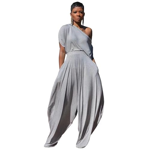 Hip Hop Damen 2-teiliges Set Schulterfreies T-Shirt Tops und lose Haren-Hosen Anzug Sweatsuit Trainingsanzug Zweiteiliges Set Outfits, Grau, M von heyheyshine
