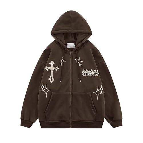 heyheyshine Gothic Stickerei Hoodies Frauen Retro Harajuku Hip Hop Jacke Reißverschluss Hoodie Lose Sweatshirt Kleidung Y2K Tops, Braun, M von heyheyshine