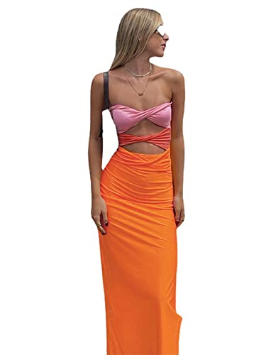 heyheyshine Patchwork Y2K Trägerloses Kleid Party Ärmellos Rückenfrei Sexy Hollow Out Kleider Frauen Sommer Strand, Orange, Mittel von heyheyshine