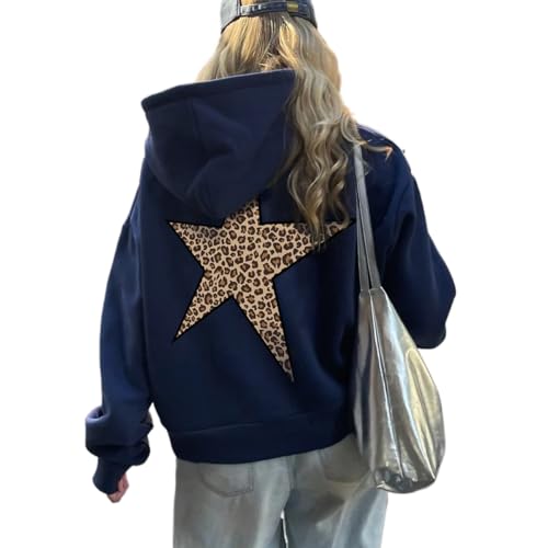 heyheyshine Star Graphic Hoodies Oversized Y2k Leopard Print Hooded Sweatshirt Gepard Hoodie Streetwear Unisex Pullover Tops, Blau, M von heyheyshine