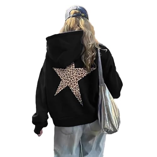 heyheyshine Star Graphic Hoodies Oversized Y2k Leopard Print Hooded Sweatshirt Gepard Hoodie Streetwear Unisex Pullover Tops, Schwarz, XL von heyheyshine