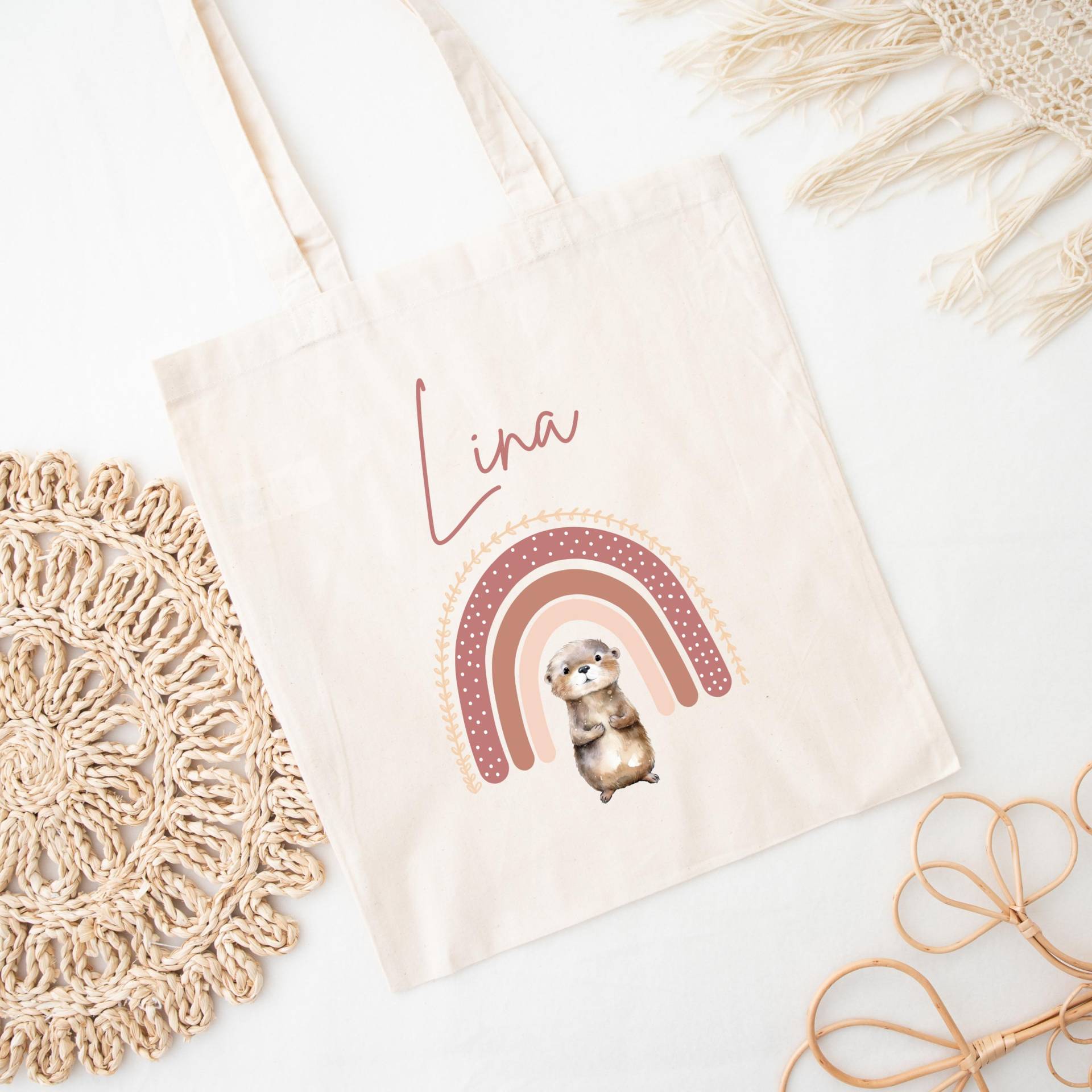 Hej.otti® Personalisierter Jutebeutel Für Kinder Mit Regenbogen Und Otter Motiv - Stofftasche Name Kita Schule Geschenk Einschulung von heyloulala