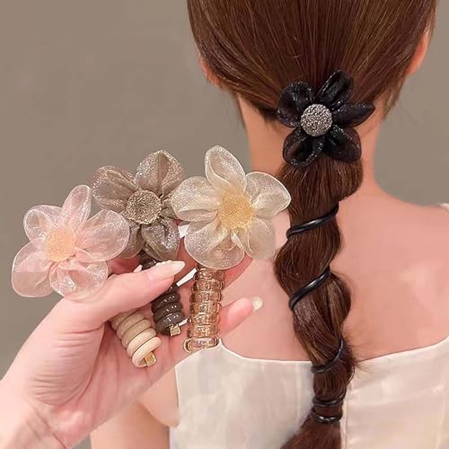 Telefonkabel Haarbänder, Telefondraht Haarbänder, Haargummis Telefonkabel, Haargummis aus Geflochtenem Telefondraht mit Blume, Haarschmuck für Mädchen und Damen (4 Stück) von hgerGWW