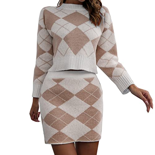 hhsbeauty Damen 2-teiliges Set O-Neck-Pullover Fashion Plaid Navel Revealing Sweater Hip Wrap Rock Set Netzstrumpfhose (Khaki, M) von hhsbeauty