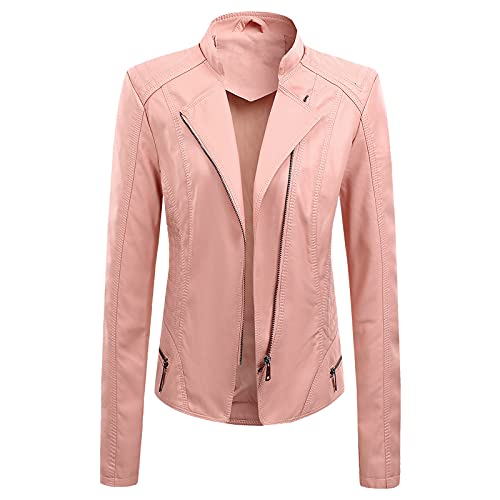 hhsbeauty Damen Kunstlederjacke Slim Langarm Stehkragen Motorrad Lederjacke Damen Herbstmantel (Pink, M) von hhsbeauty