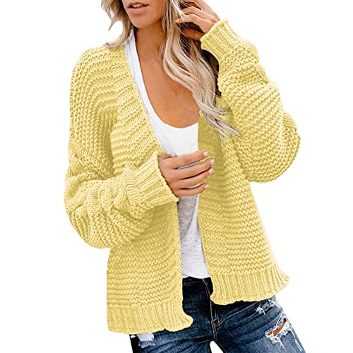 hhsbeauty Damen vorne offen gestrickt weicher Pullover einfarbig langärmlig locker lässig Mantel Strickjacke Hoodie Sweatshirt Damen (Yellow, S) von hhsbeauty