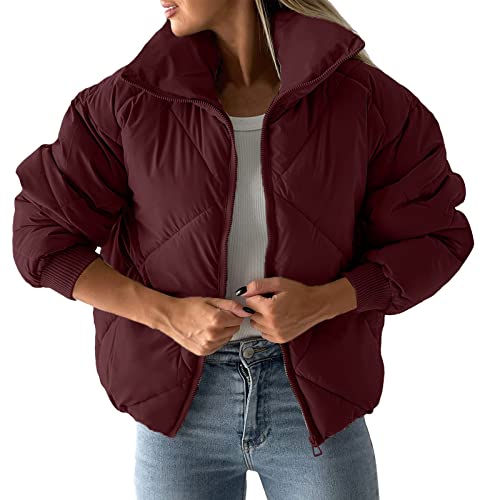 hhsbeauty Damentaschen durchgehender Reißverschluss Langarm-Steppjacke kurze Bubble-Mäntel Winterjacke Damen uziert (Wine, M) von hhsbeauty