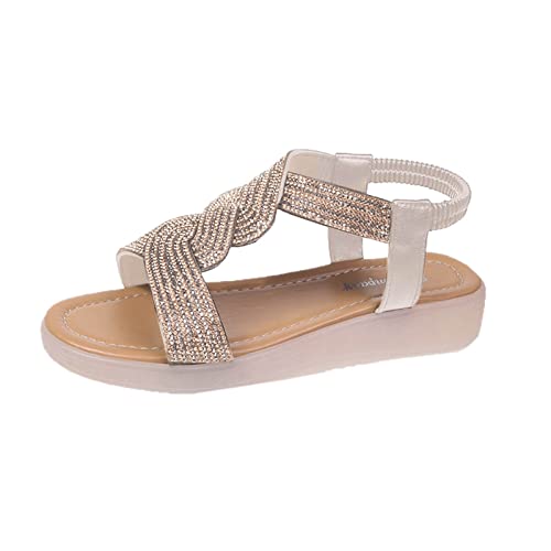 hhsbeauty Flache Schuhe Damen Sandalen Komfort mit elastischem Knöchelriemen Lässige böhmische Strandschuhe zum Hineinschlüpfen Strass Sandalen Damen Wohnungen offene Spitze uzierte Schuhe Damen von hhsbeauty