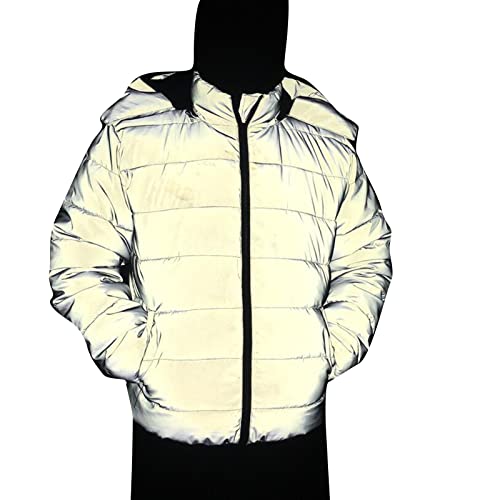 hhsbeauty Glow Hip Hop Coat Graue reflektierende Jacke für Damen Abnehmbarer Kapuzenreißverschluss Warmer Kurzmantel mit Taschen Damen Winterjacke Größe 54 (Grey, L) von hhsbeauty