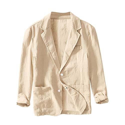 hhsbeauty Lässiger Herrenblazer aus Baumwolle und Leinen mit Zwei Knöpfen, Schlichter, lockerer Herren Leinen Sakko Freizeit Anzugjacke Knopf Jacke für Hochzeit Freizeit (Khaki, L) von hhsbeauty