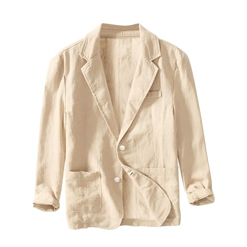 hhsbeauty Lässiger Herrenblazer aus Baumwolle und Leinen mit Zwei Knöpfen, Schlichter, lockerer Herren Leinen Sakko Freizeit Anzugjacke Knopf Jacke für Hochzeit Freizeit (Khaki, XL) von hhsbeauty