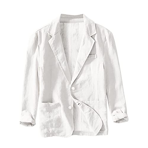 hhsbeauty Lässiger Herrenblazer aus Baumwolle und Leinen mit Zwei Knöpfen, Schlichter, lockerer Herren Leinen Sakko Freizeit Anzugjacke Knopf Jacke für Hochzeit Freizeit (White, XXXL) von hhsbeauty