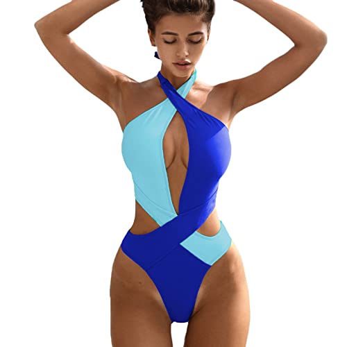 hhsbeauty Monokinis-Badeanzug für Damen, Bikini-Badeanzug, farblich passender Monokinis-Badeanzug Badeanzug Damen Rot Badeanzug Damen Bauchweg 48/50 (Blue, L) von hhsbeauty