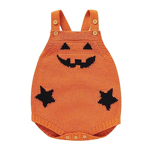 hhsbeauty Neugeborenen Baby Mädchen Jungen Strap Halloween Outfits Ärmellose Kürbis Strampler Strickpullover Bodysuit Overall Schlafanzüge Baby (Orange, 12-18 Months) von hhsbeauty