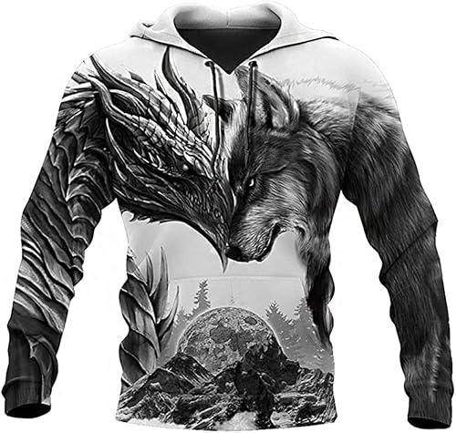 hhseyewell YeSbTx Kapuzenpullover Wikinger Fenrir Wolf und Drache 3D gedruckt Herren Kapuzenpullover Lässig Langarm Sweatshirt 3D gedruckt nordische Mythologie (Farbe: Sweatshirt, Größe: 4XL) von hhseyewell