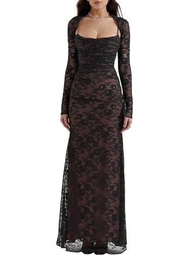 Damen Cami Spitze Maxikleid Romantisch Langarm Spitze Bodycon Kleider Elegant, Schwarz, X-Klein von hibshaby