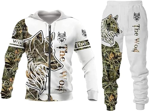 Herren Anzug Löwe Wolf 3D gedruckt Hoodie Hose Anzug Herren Herbst Freizeit Trainingsanzug Tiere Jogginganzug (FWolf -2,S) von hiegi