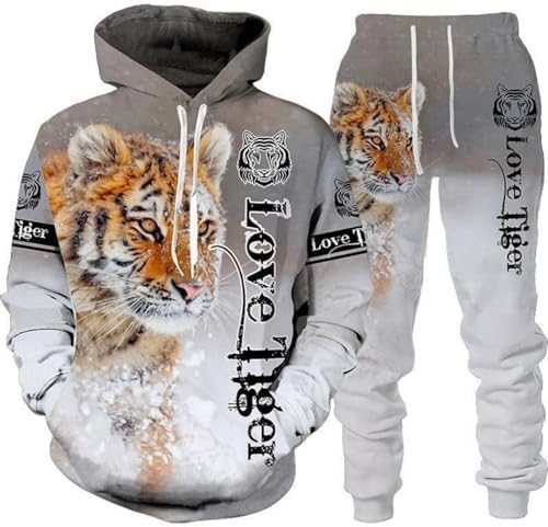 Herren Lion Tiger Colour Jogging Anzug Trainingsanzug Sportanzug Fitness Sporthose Hose Hoodie (F-Tiger 5,4XL) von hiegi
