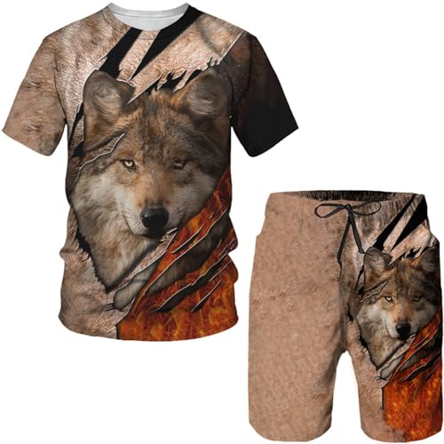 Herren Sommer Tier Wolf 3D gedruckte Kurzarm Shorts zweiteiliges Set von Herren T-Shirts und Strandhosen Set (F-Wolf-2,4XL) von hiegi