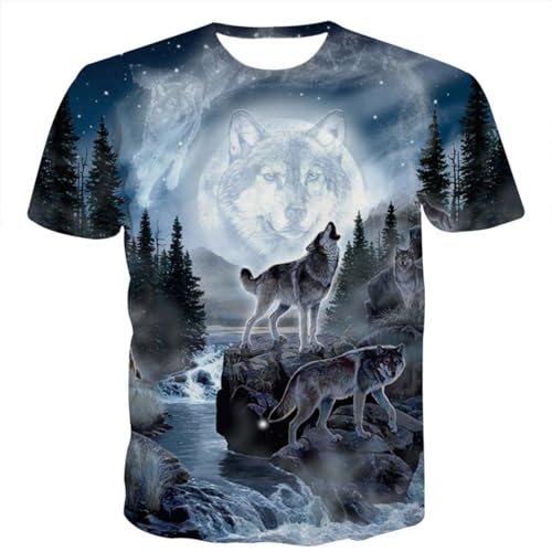 Herren Wolf Kurzarm Shirt 3D T-Shirt mit Animal Print Muster Kurzarm Rundhals Casual Kurzarm Printed T-Shirt (F-Wolf-3,XL) von hiegi