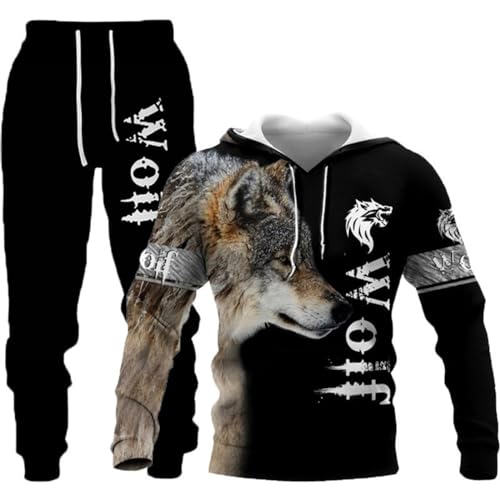 hiegi 3D Löwentiger Wolf Herren Kapuzen + Hose Herren 3D Tier Wolf Trainingsanzug Jogginganzug Pullover Set (F2,S) von hiegi