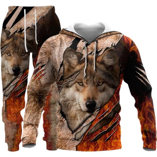 hiegi 3D Löwentiger Wolf Herren Kapuzen + Hose Herren 3D Tier Wolf Trainingsanzug Jogginganzug Pullover Set (F5,XL) von hiegi