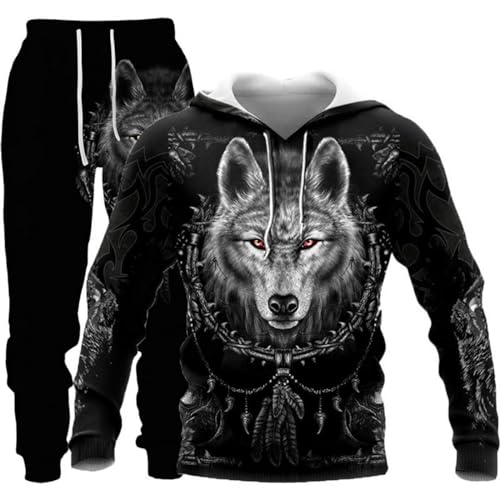 hiegi 3D Löwentiger Wolf Herren Kapuzen + Hose Herren 3D Tier Wolf Trainingsanzug Jogginganzug Pullover Set (F6,XL) von hiegi