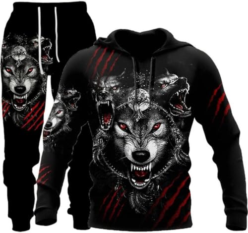 hiegi 3D Wolf Digitaldruck Kapuzenpullover Pullover und Hosenanzug Unisex Jugend Jogginganzug Trainingsanzug Polyester Baumwolle Sport Trainingsanzug (F-Wolf 1,L) von hiegi