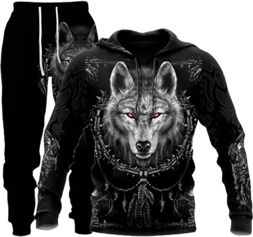 hiegi 3D Wolf Digitaldruck Kapuzenpullover Pullover und Hosenanzug Unisex Jugend Jogginganzug Trainingsanzug Polyester Baumwolle Sport Trainingsanzug (F-Wolf 5,M) von hiegi