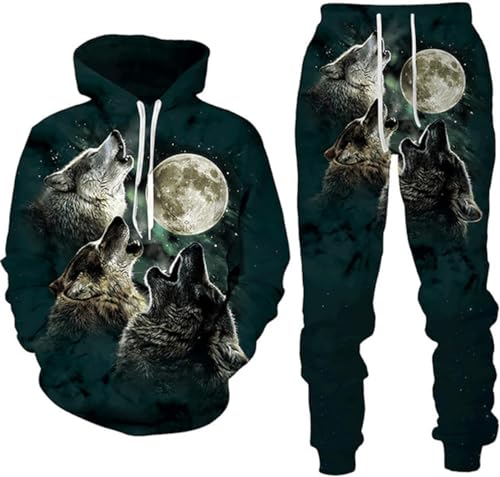 hiegi 3D Wolf Herren Trainingsanzug,Hoodies+Lange Hose, Jogginganzug, 2-teiliges Set für Herren (FWolf-2,L) von hiegi