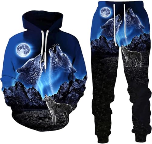 hiegi 3D Wolf Herren Trainingsanzug,Hoodies+Lange Hose, Jogginganzug, 2-teiliges Set für Herren (FWolf-3,2XL) von hiegi