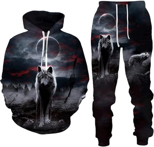 hiegi 3D Wolf Herren Trainingsanzug,Hoodies+Lange Hose, Jogginganzug, 2-teiliges Set für Herren (FWolf-6,L) von hiegi