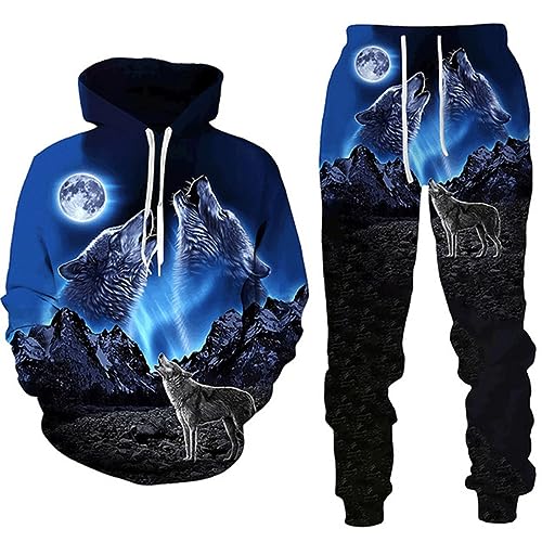 hiegi 3D gedruckte Wolf Muster Hoodie Set, lässige Männer Hoodie, Sport Set, Paar Sport Shirt, Jogging Anzug (F-Wolf-1,L) von hiegi