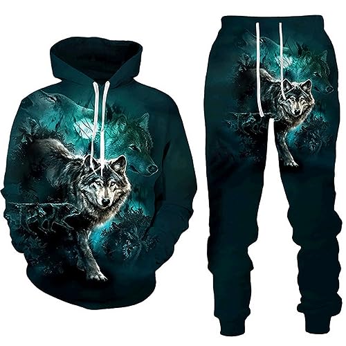 hiegi 3D gedruckte Wolf Muster Hoodie Set, lässige Männer Hoodie, Sport Set, Paar Sport Shirt, Jogging Anzug (F-Wolf-11,L) von hiegi