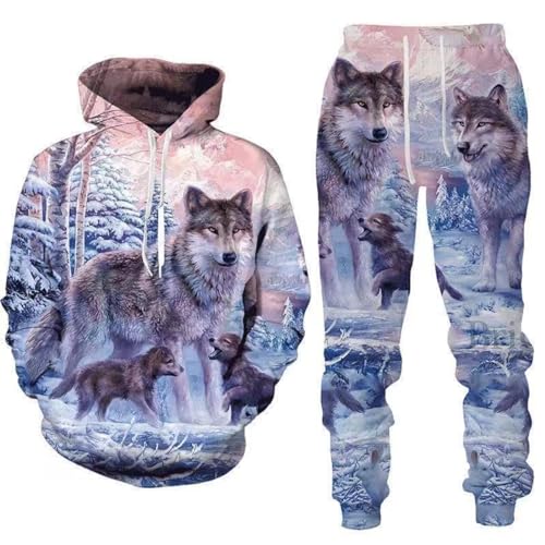 3D gedruckte Wolf Muster Hoodie Set, lässige Männer Hoodie, Sport Set, Paar Sport Shirt, Jogging Anzug (F-Wolf-2,3XL) von hiegi