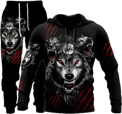 hiegi 3D wolf Herren Jogging Anzug Trainingsanzug Sportanzug Fitness Sporthose Hoodie Hose Trainingsanzug mit Kapuze (F-wolf 1,5XL) von hiegi