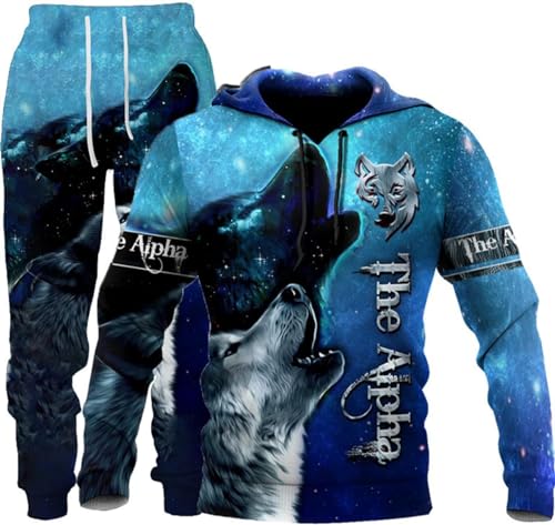 hiegi 3D wolf Herren Jogging Anzug Trainingsanzug Sportanzug Fitness Sporthose Hoodie Hose Trainingsanzug mit Kapuze (F-wolf 2,3XL) von hiegi