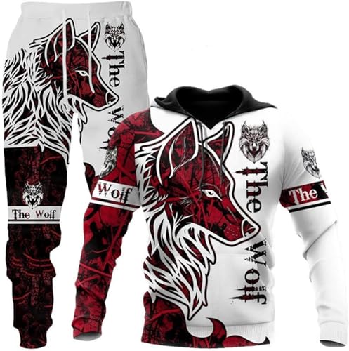 hiegi 3D wolf Herren Jogging Anzug Trainingsanzug Sportanzug Fitness Sporthose Hoodie Hose Trainingsanzug mit Kapuze (F-wolf 5,M) von hiegi