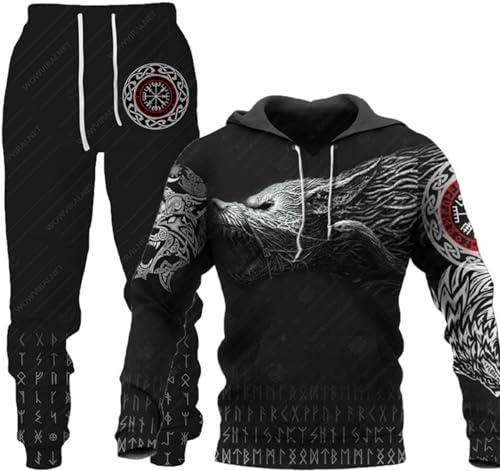 hiegi 3D wolf Herren Jogging Anzug Trainingsanzug Sportanzug Fitness Sporthose Hoodie Hose Trainingsanzug mit Kapuze (F-wolf 6,3XL) von hiegi