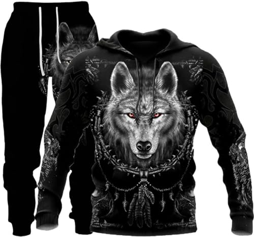 hiegi 3D wolf Herren Jogging Anzug Trainingsanzug Sportanzug Fitness Sporthose Hoodie Hose Trainingsanzug mit Kapuze (F-wolf 7,L) von hiegi