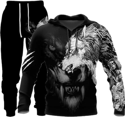 hiegi 3D wolf Herren Jogging Anzug Trainingsanzug Sportanzug Fitness Sporthose Hoodie Hose Trainingsanzug mit Kapuze (F-wolf 8,L) von hiegi