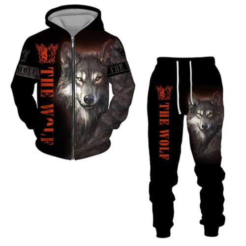 hiegi 3D wolf Reißverschluss Jogginganzug Herren Jogging Sportanzug Fitness Sporthose Hose Hoodie Herren Trainingsanzug Zweiteiliges Set Freizeitanzug mit Sportsw (F2,2XL) von hiegi