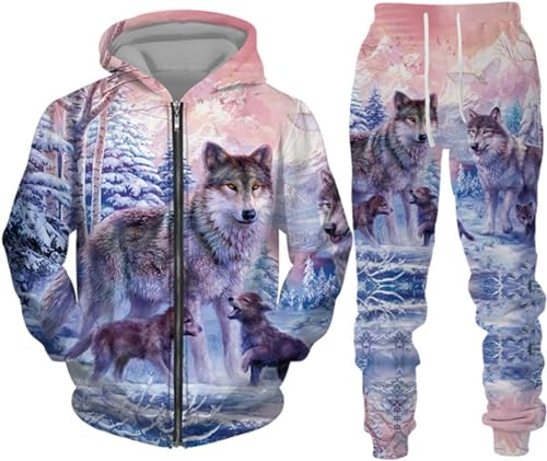 hiegi Christmas Wolf Jogginganzug Sportanzug Herren Kapuzenpullover Set 3D Wolf Kapuzenpullover + Jogginghose Männer Sweatshirt Hose (FWolf-4,XL) von hiegi