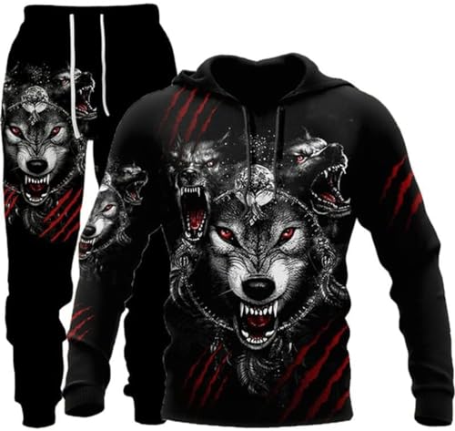 Herren Athletic 2 Stück 3D Löwe Tiger Wolf Trainingsanzug Casual Jogging Sweat Suit Set Hoodie Set (FWolf-1,4XL) von hiegi