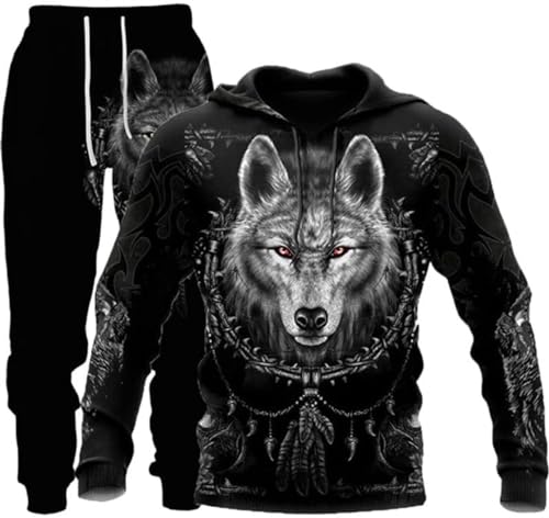 hiegi Herren Athletic 2 Stück 3D Löwe Tiger Wolf Trainingsanzug Casual Jogging Sweat Suit Set Hoodie Set (FWolf-5,M) von hiegi